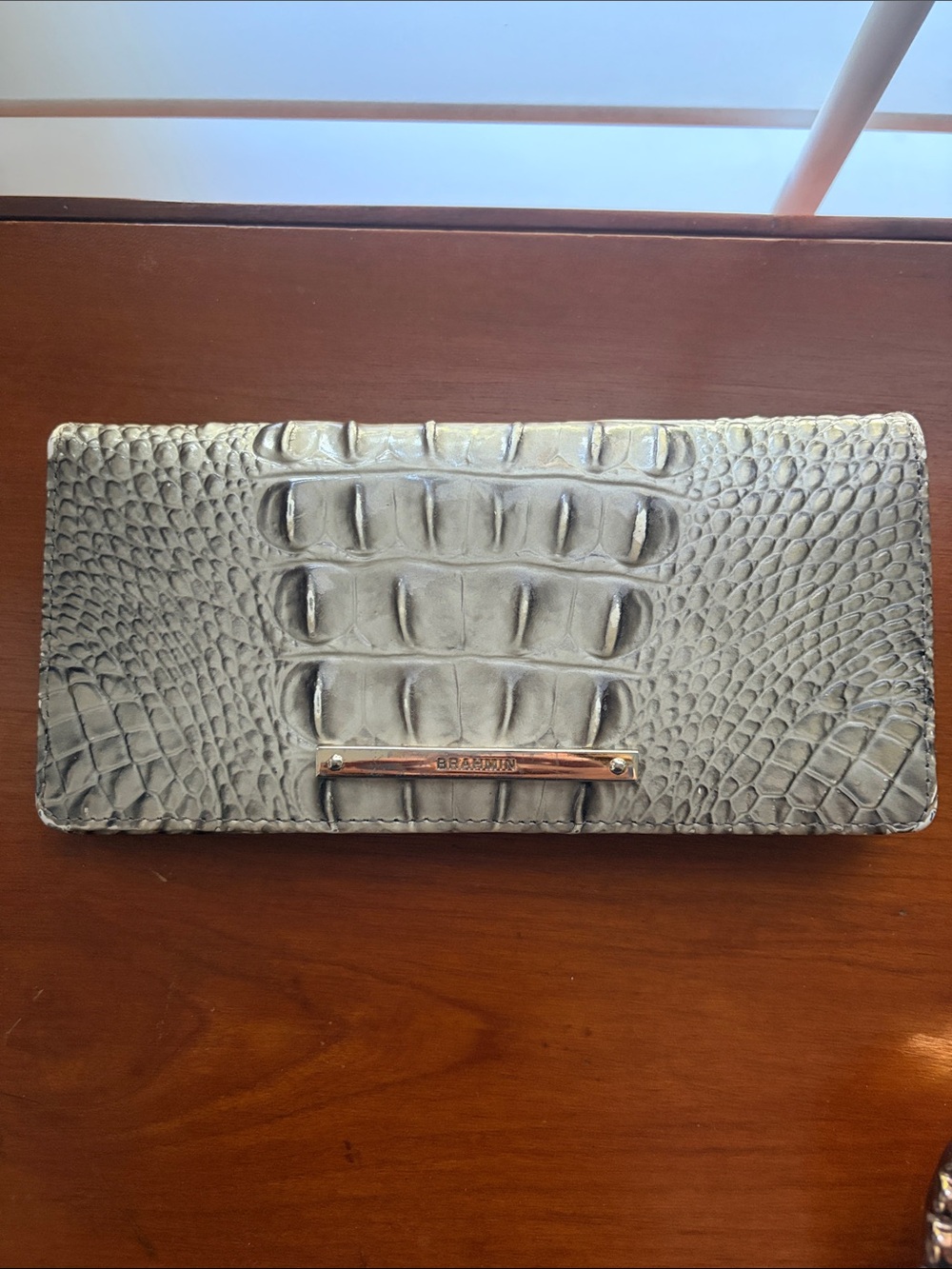 Brahmin Silver-Gray Croc-Embossed Leather Wallet with Gold Bar